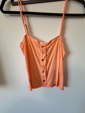 POL Orange Button-Front Spaghetti Strap Crop Top